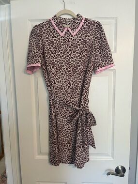 NWT Essentiel Antwerp Saoirse Leopard Print Tie-Waist Mini Dress with Pink Trim